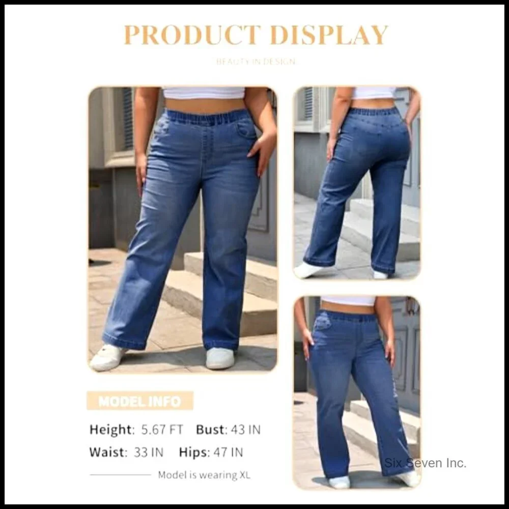 Plus Size Straight Leg Jeans High Waisted Stretchy Denim Pull On Pants with